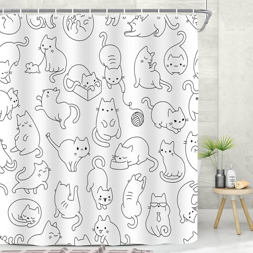 Cute Cat Shower Curtain for Kids 72x72 in Black White