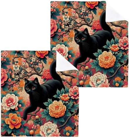 Black Cat Flower Tattoo Washcloth