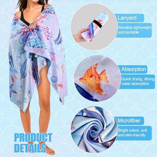 MelonBoat Mermaid Microfiber Beach Towel Quick-Dry Sand-Free for Girls