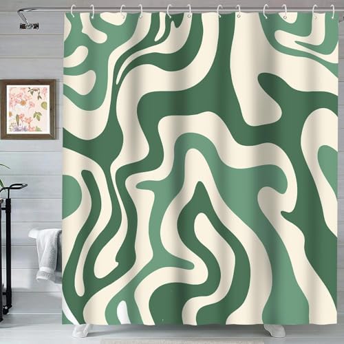 Sage Green Retro 70s Wavy Swirl Bathroom Curtain for Home