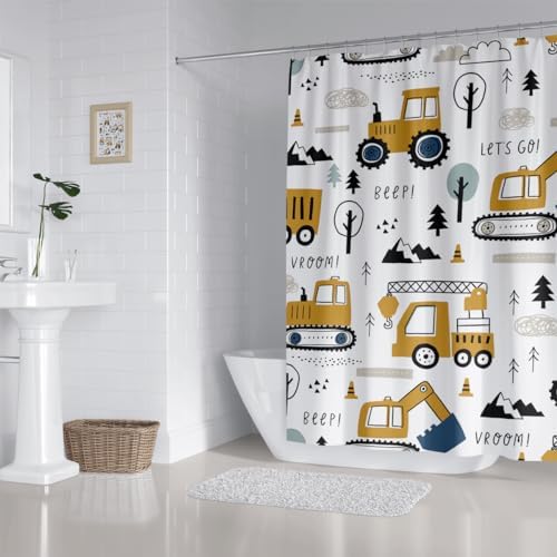 ZXMBF Kids bathtub shower curtain Cartoon Excavator 72x72 inches