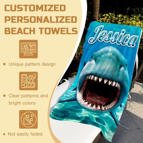 Custom Name Beach Towel with Big Shark Design