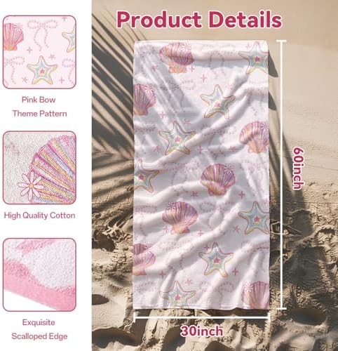 Pink Bow Beach Towel Quick Dry 30x60 Inches