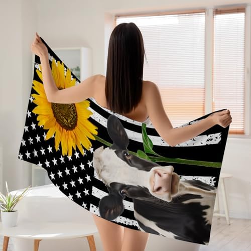 American Flag Cow Sunflower Beach Towel
