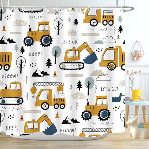 ZXMBF Kids bathtub shower curtain Cartoon Excavator 72x72 inches
