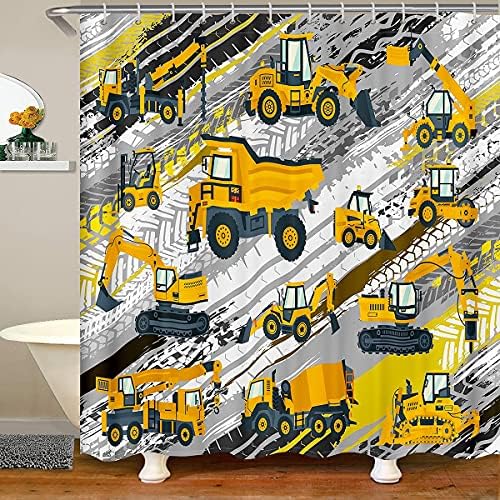 Erosebridal - waterproof Kids Construction Truck Shower Curtain - Yellow 12-Hook Set