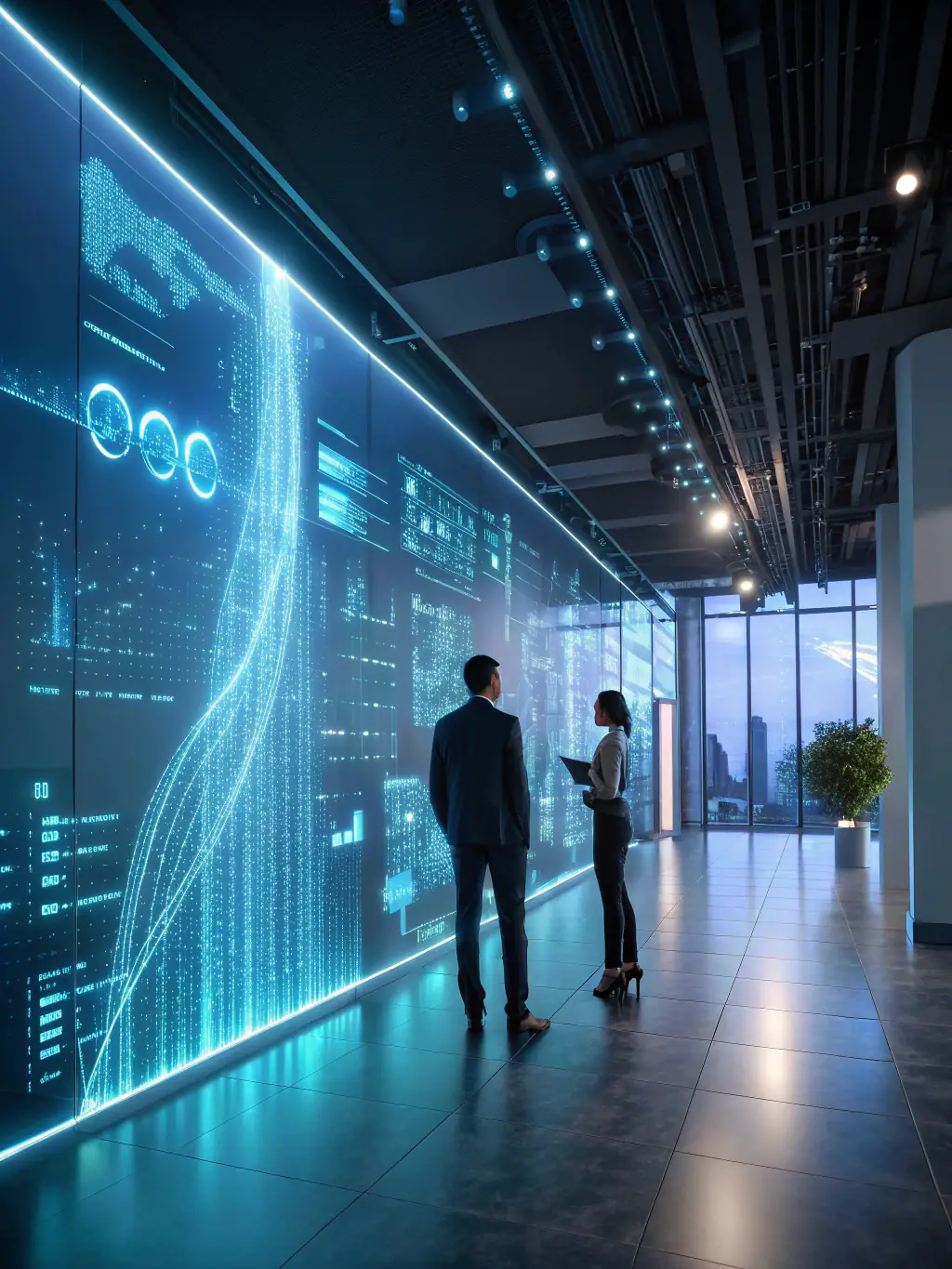 A futuristic image of AI algorithms optimizing a business process, symbolizing AI implementation consulting.