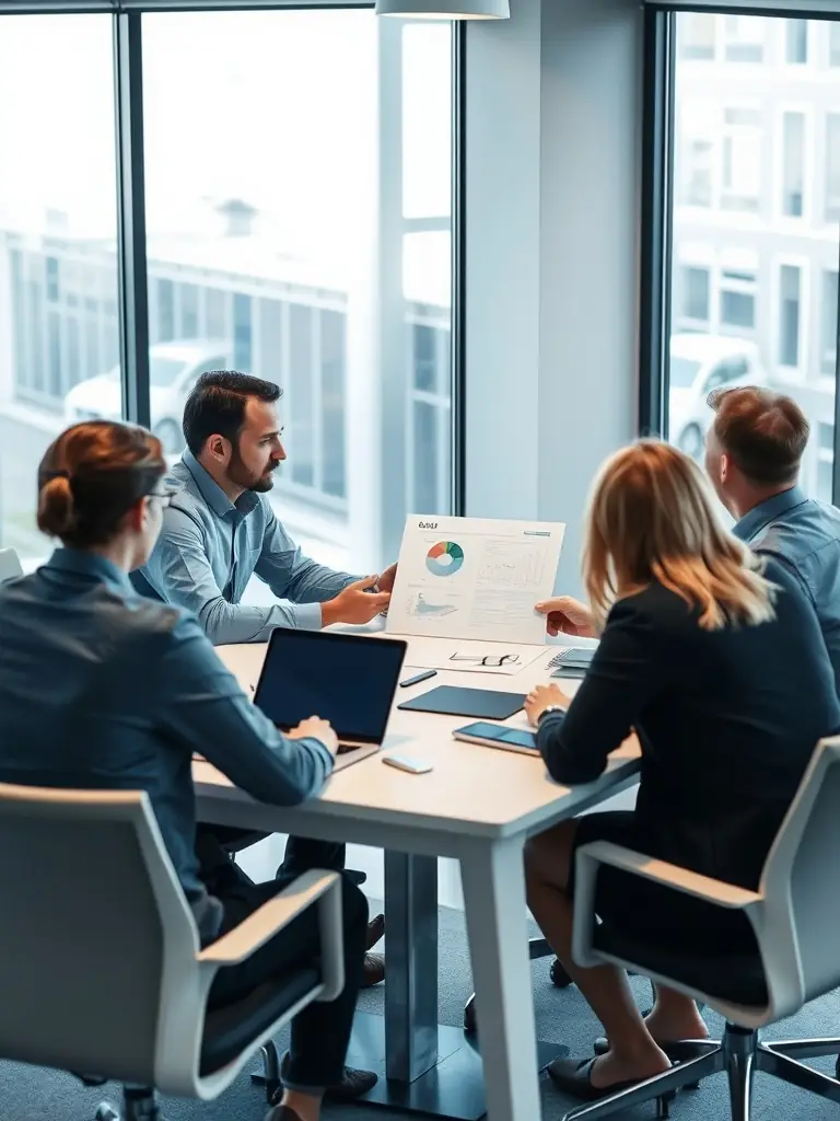 A team of IT consultants collaborating on a cloud migration strategy in a brightly lit office, showcasing cloud migration consulting.