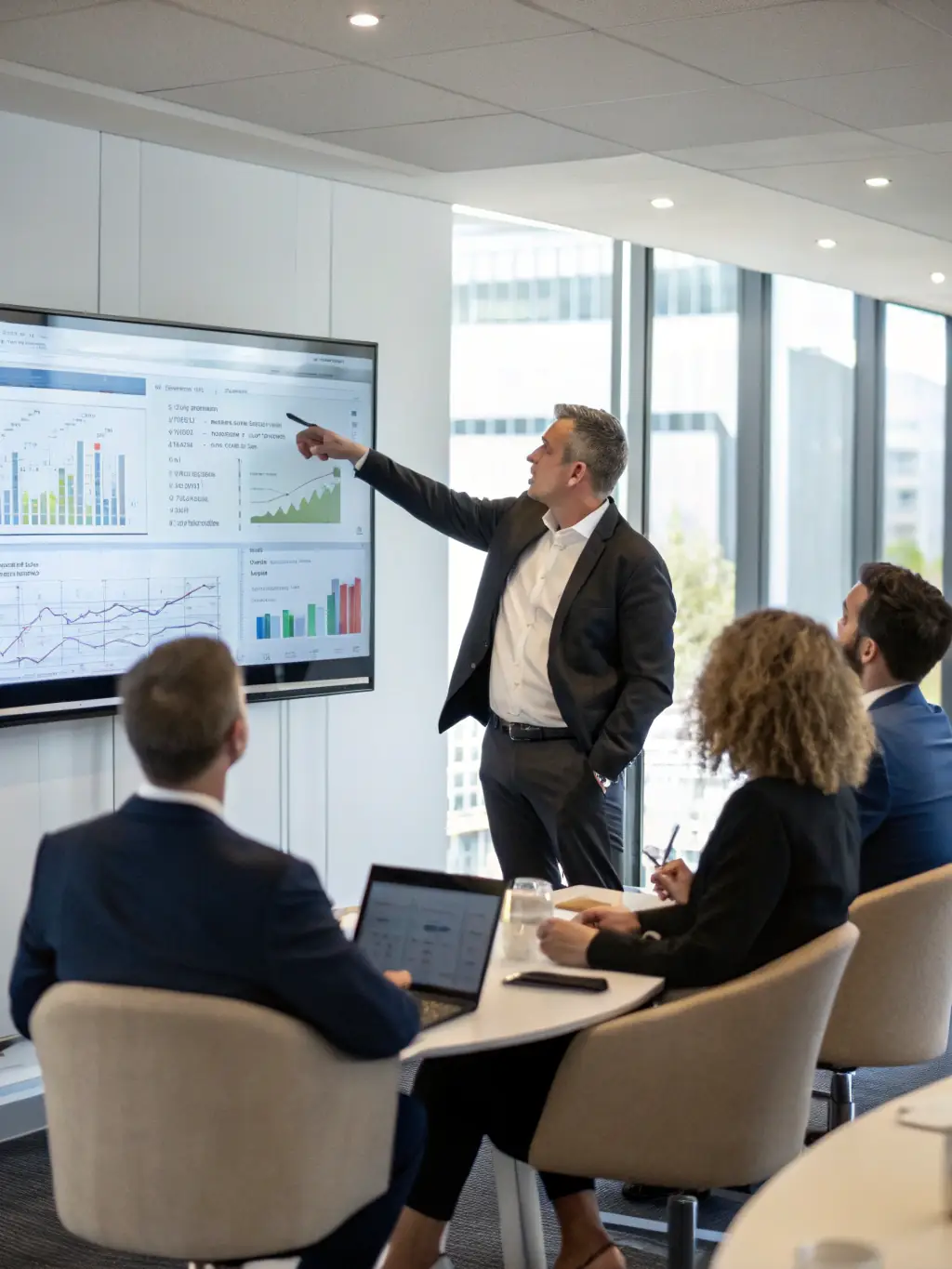 A consultant presenting a digital transformation roadmap to a client, highlighting key milestones and strategic goals.