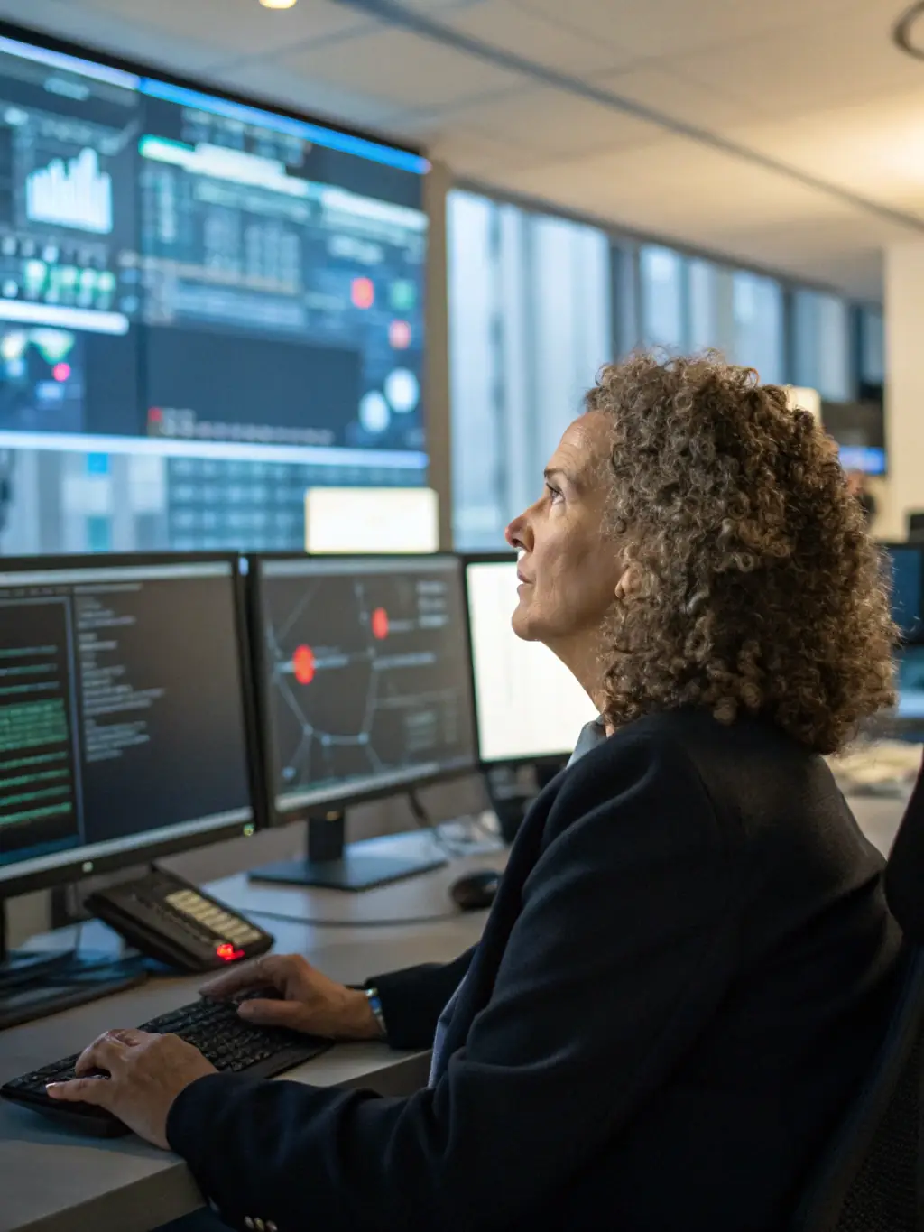A cybersecurity expert reviewing network security protocols, highlighting cybersecurity consulting services.