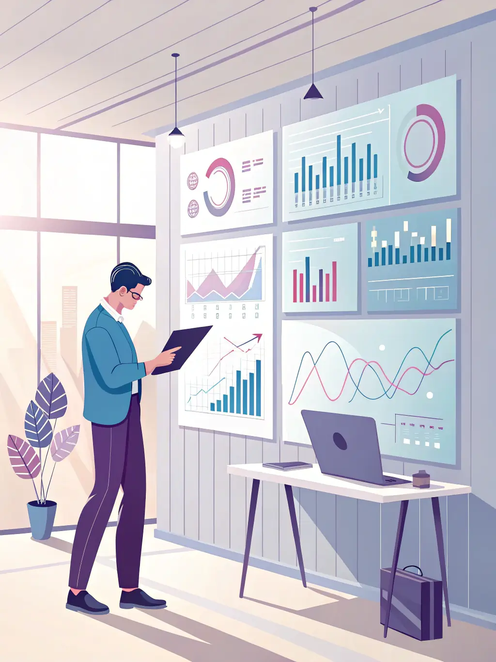 A consultant in a modern office setting, analyzing data on a large screen, representing data analytics consulting services.